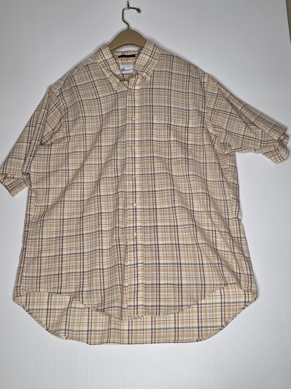 Vintage Wright & Simon Plaid Short Sleeve Button Down Shirt Tan Blue Size 18